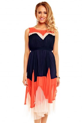 Rochie plisata Selena Blue-Orange-Beige din Colectia de SCOASE DIN STOC