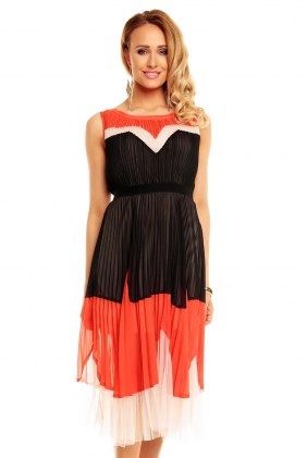 Rochie plisata Selena Black-Orange-Beige din Colectia de SCOASE DIN STOC