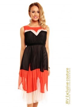 Rochie plisata Selena Black-Orange-Beige - Magazin online haine de dama Fashion