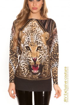 Pulover Leo Print Beige - Magazin online haine de dama Fashion
